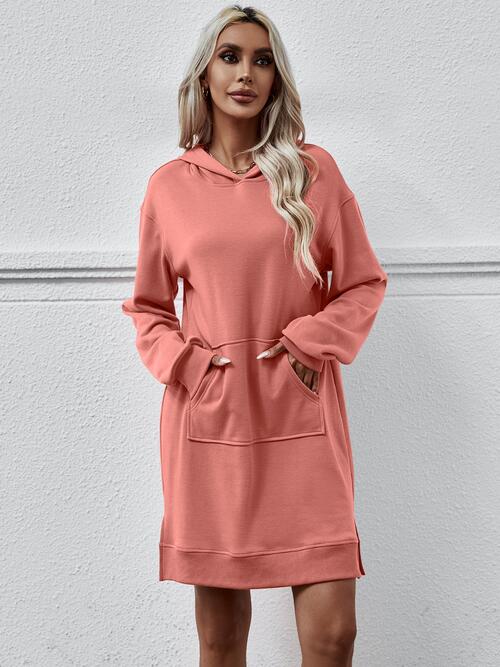 Slit Long Sleeve Hooded Dress with Pocket -BazaarBey - www.shopbazaarbey.com