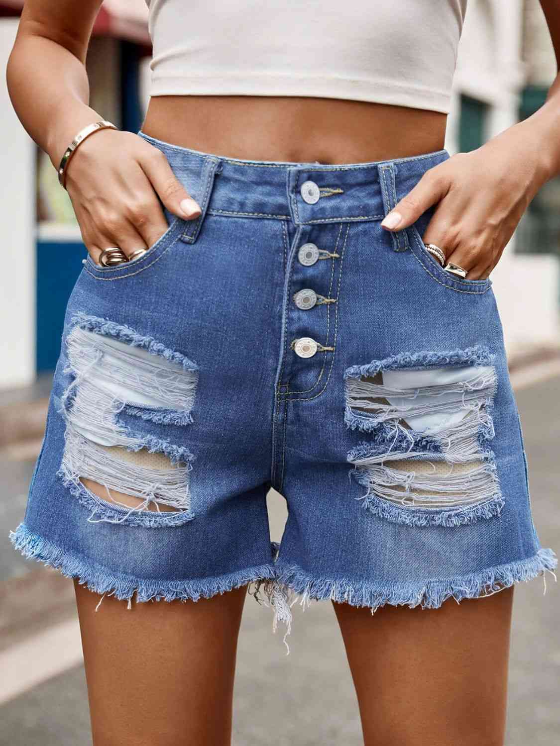 Raw Hem Denim Shorts with Pockets Bazaarbey