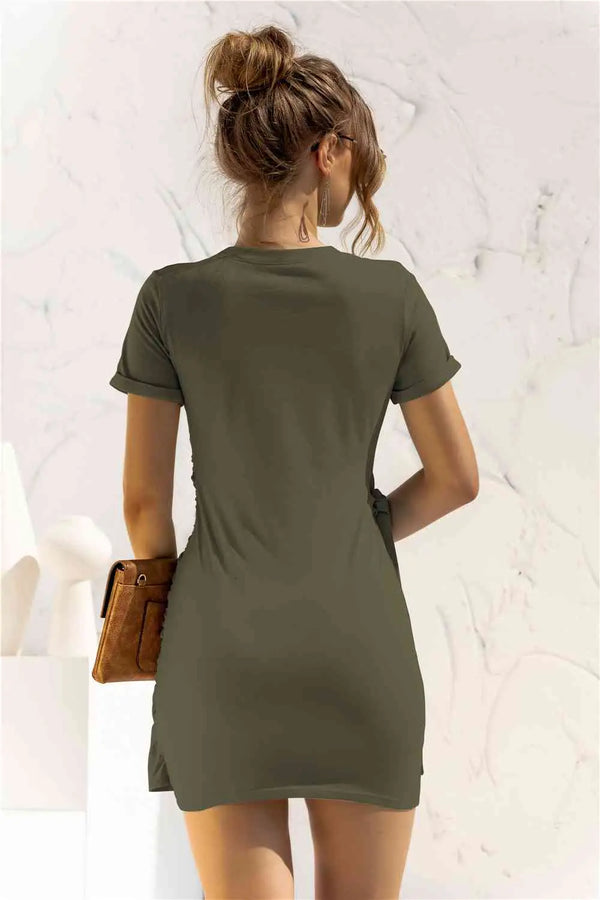 Round Neck Cuffed Sleeve Side Tie Dress -BazaarBey - www.shopbazaarbey.com