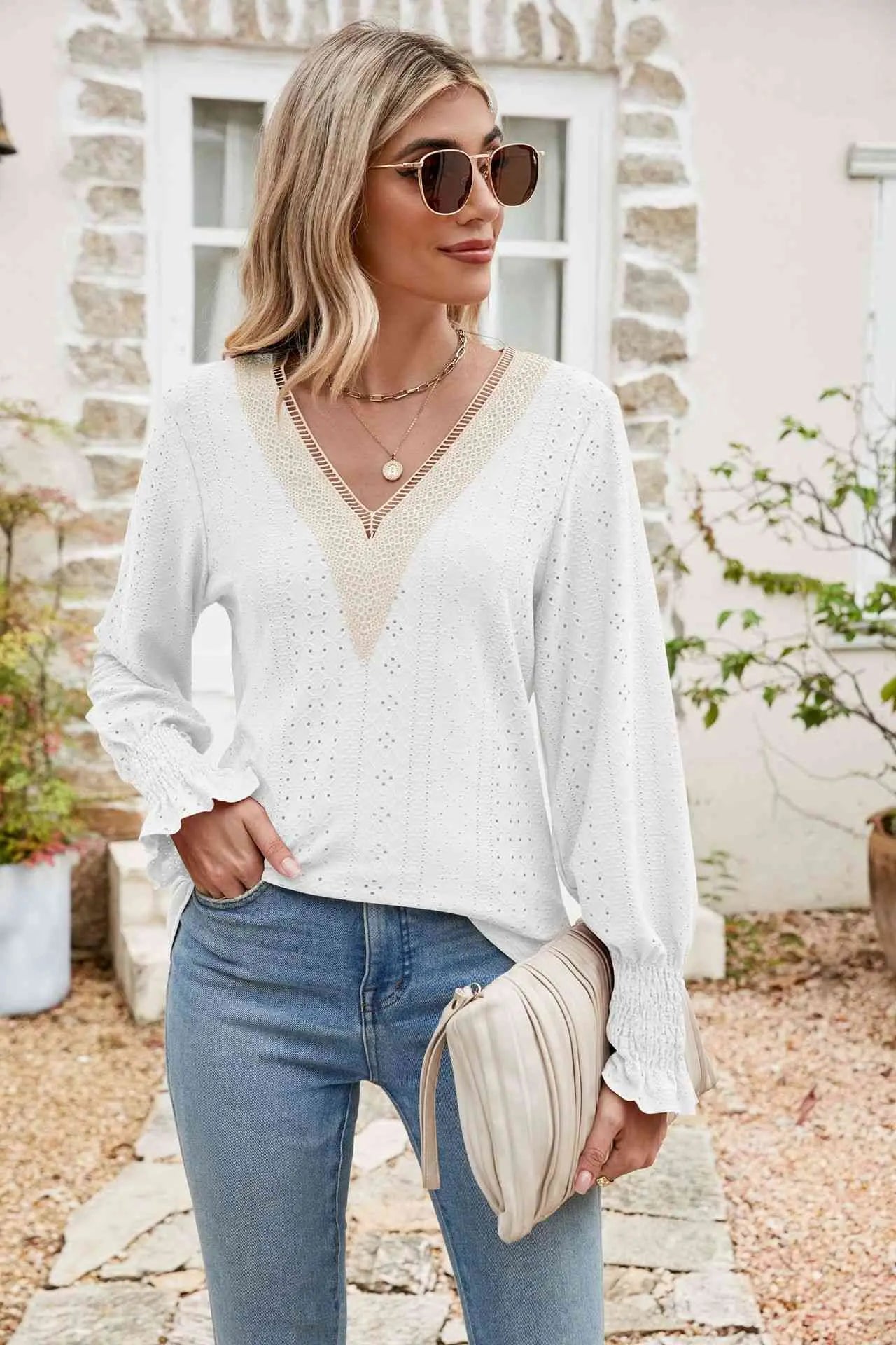  V-Neck Smocked Flounce Sleeve Blouse Bazaarbey