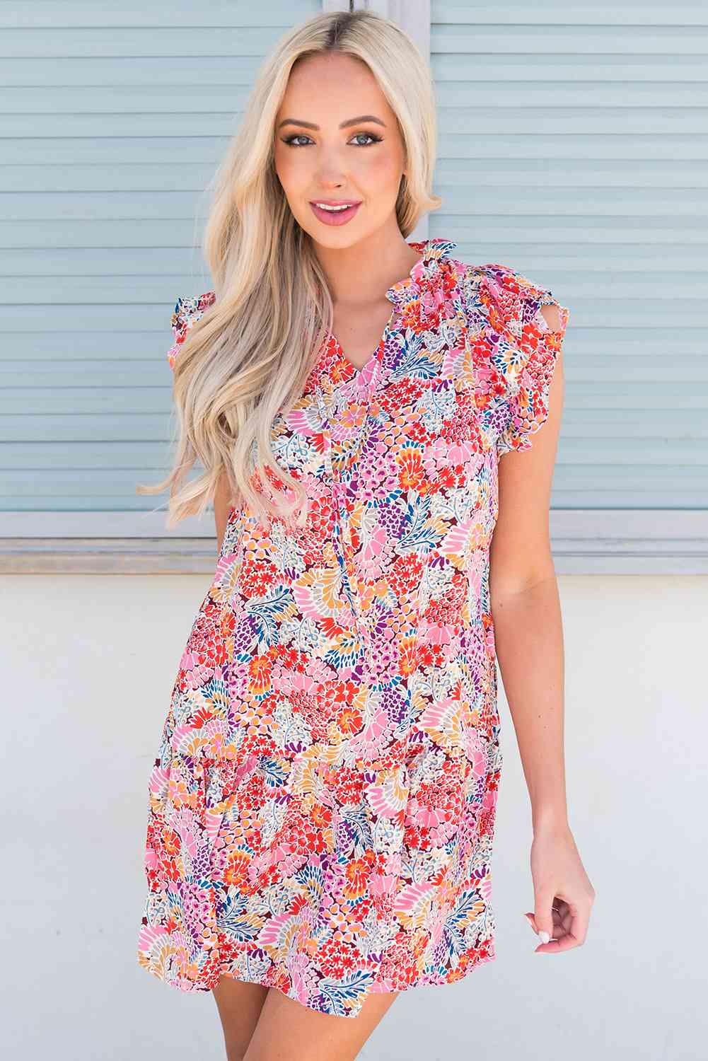 Floral Tie Neck Cap Sleeve Dress -BazaarBey - www.shopbazaarbey.com