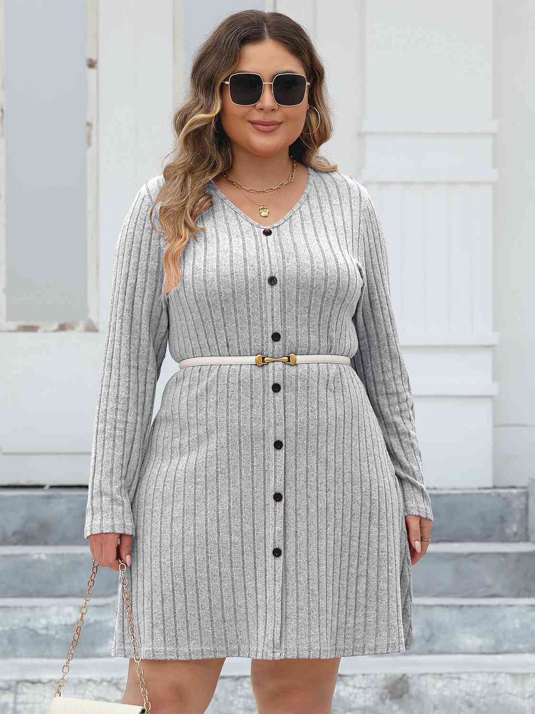Plus Size Ribbed Buttoned V-Neck Long Sleeve Dress -BazaarBey - www.shopbazaarbey.com