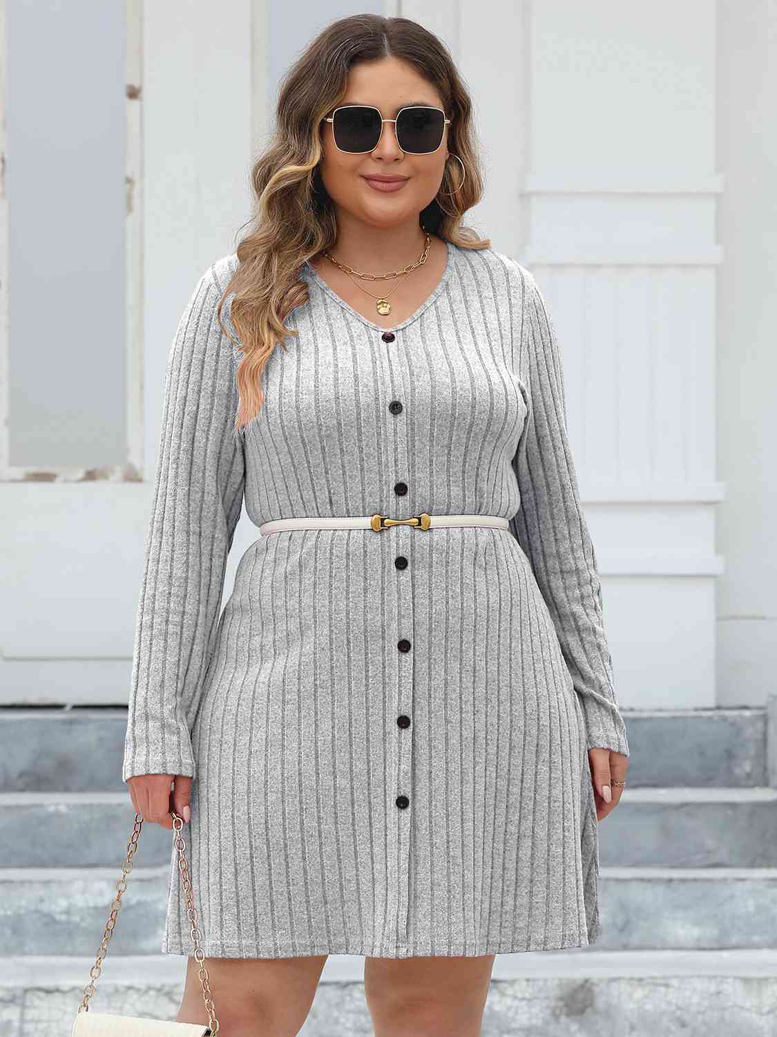Plus Size Ribbed Buttoned V-Neck Long Sleeve Dress -BazaarBey - www.shopbazaarbey.com