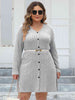 Plus Size Ribbed Buttoned V-Neck Long Sleeve Dress -BazaarBey - www.shopbazaarbey.com