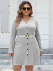 Plus Size Ribbed Buttoned V-Neck Long Sleeve Dress -BazaarBey - www.shopbazaarbey.com