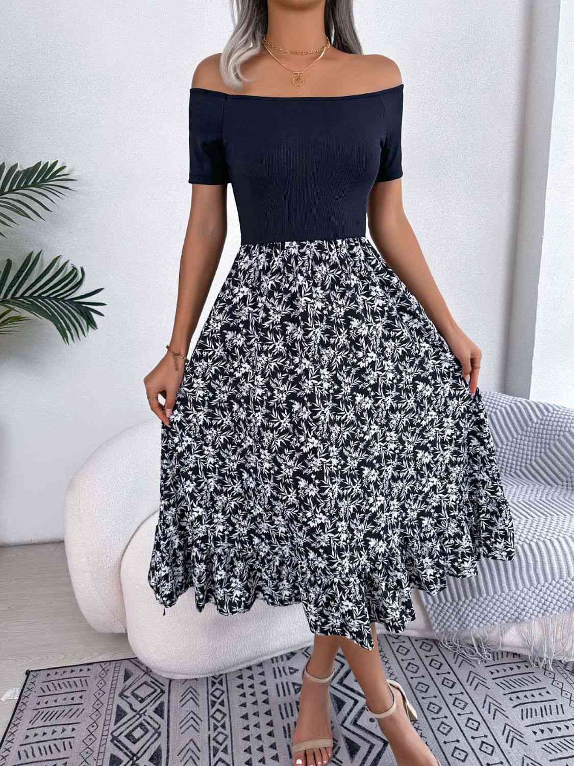 Printed Off-Shoulder Ruffle Hem Dress -BazaarBey - www.shopbazaarbey.com