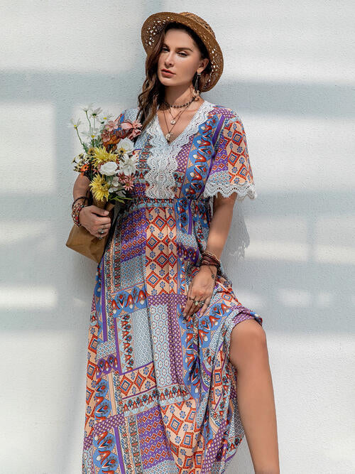  Plus Size Printed Lace Detail Short Sleeve Dress -BazaarBey - www.shopbazaarbey.com