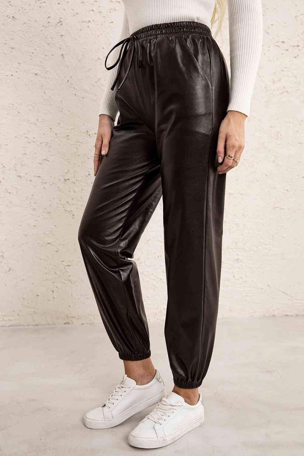 Elastic Waist PU Leather Joggers Bazaarbey