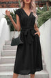 Tie Belt V-Neck Pleated Dress -BazaarBey - www.shopbazaarbey.com