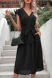 Tie Belt V-Neck Pleated Dress -BazaarBey - www.shopbazaarbey.com