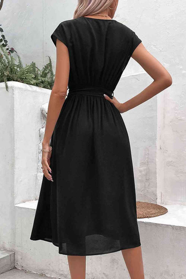 Tie Belt V-Neck Pleated Dress -BazaarBey - www.shopbazaarbey.com