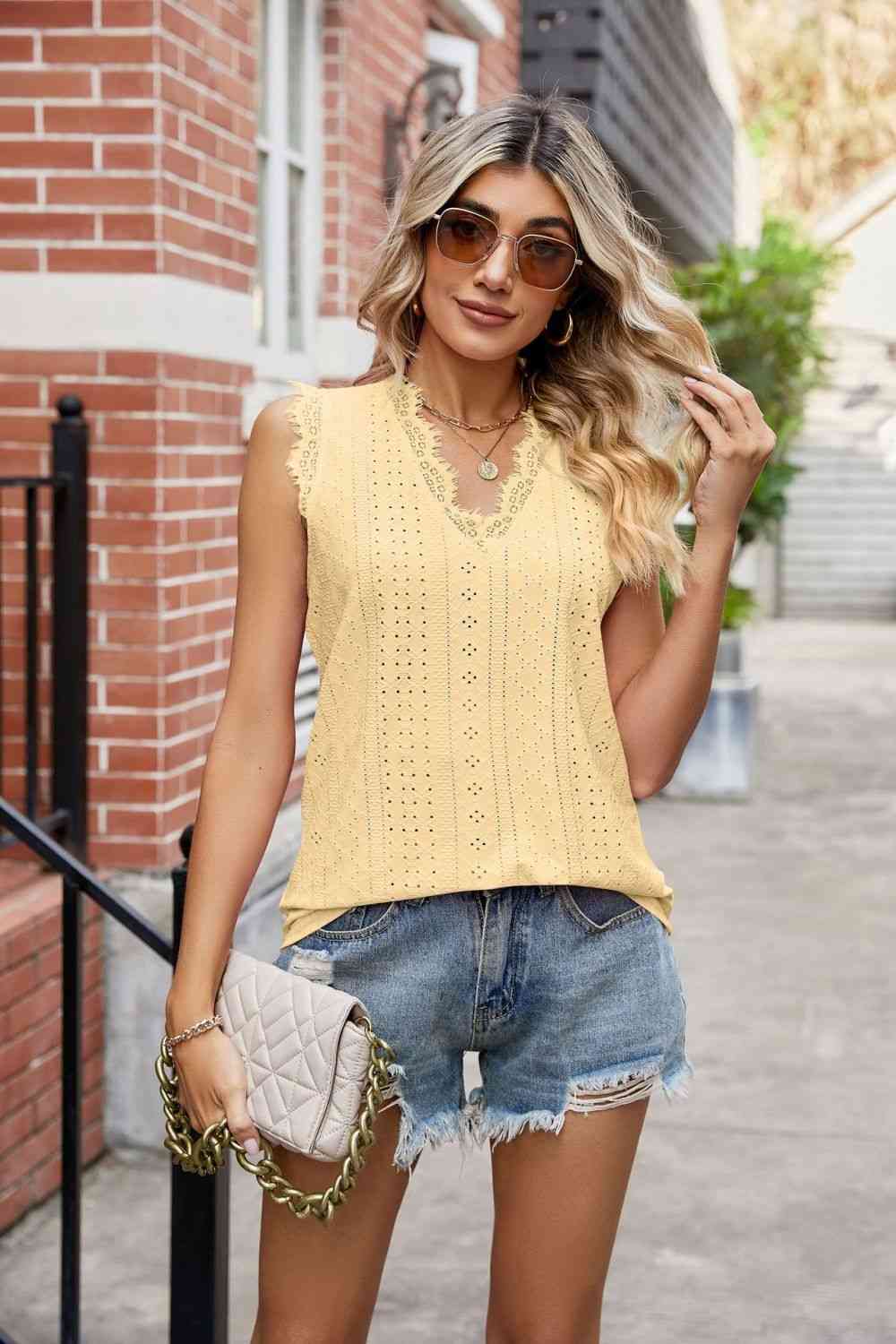  Lace Trim Eyelash V-Neck Tank Bazaarbey