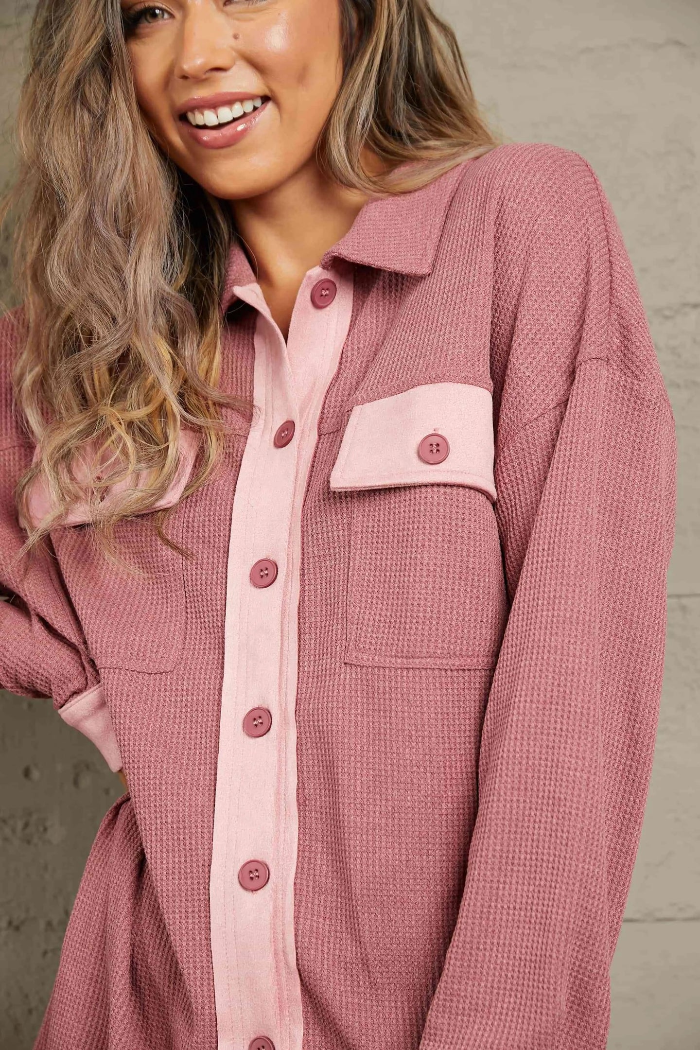  Contrast Waffle-Knit Shirt Jacket Bazaarbey