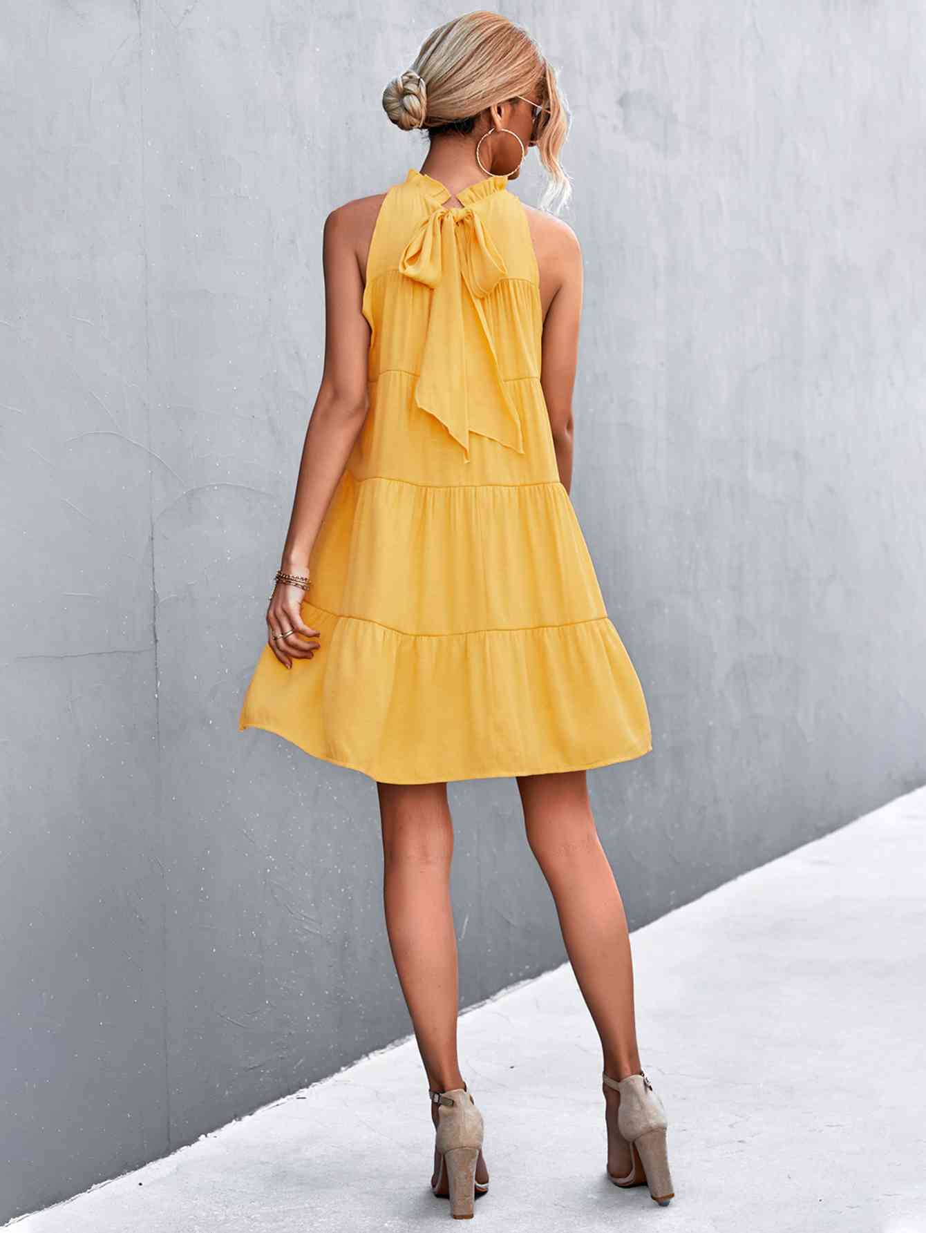 Tie Back Mock Neck Tiered Dress -BazaarBey - www.shopbazaarbey.com