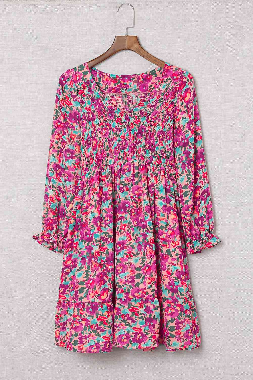 Floral Smocked V-Neck Flounce Sleeve Dress -BazaarBey - www.shopbazaarbey.com