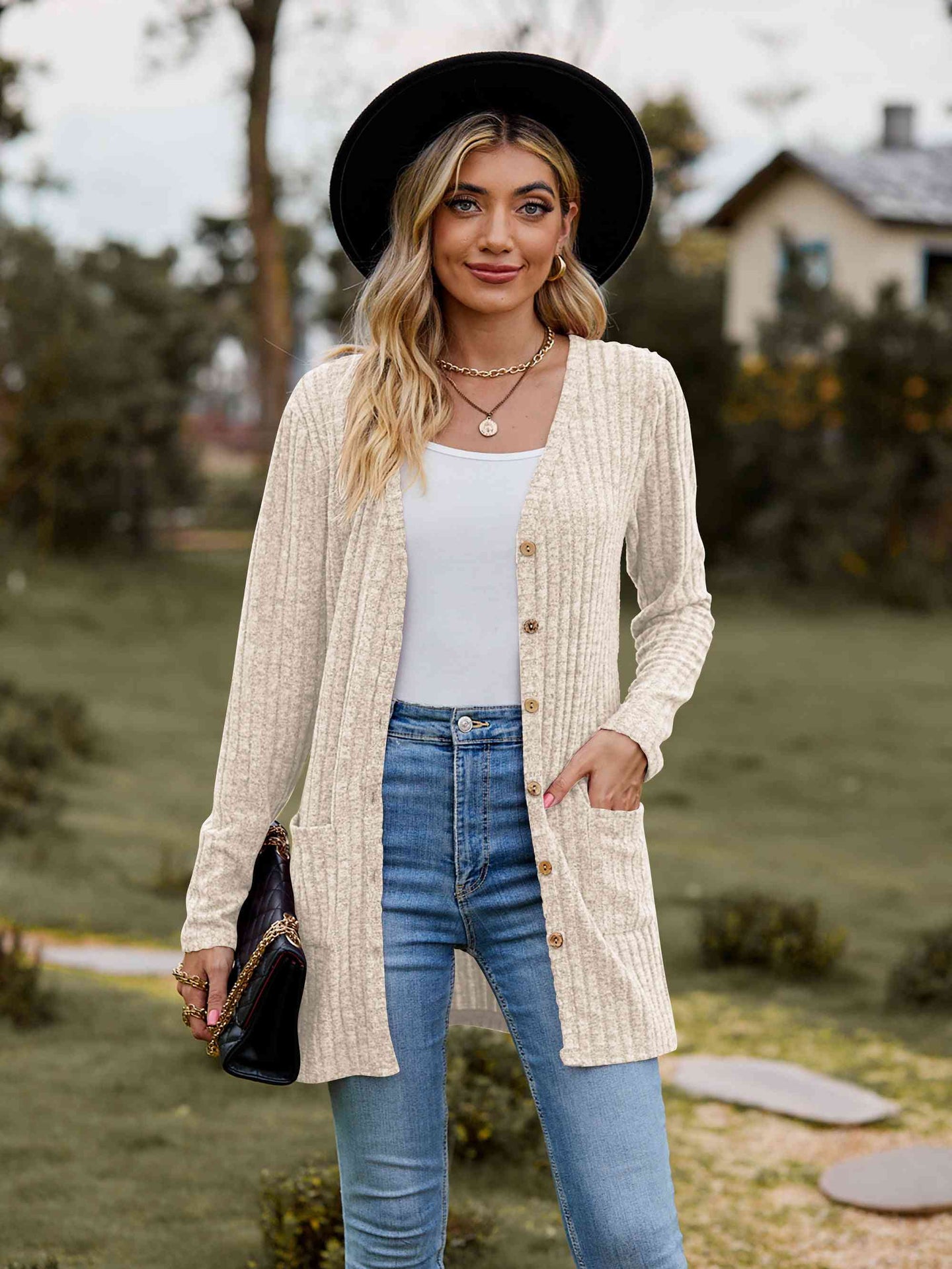 Ribbed Button-Up Cardigan with Pockets Trendsi