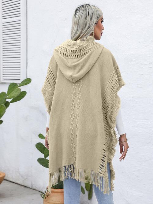 Fringe Trim Buttoned Hooded Poncho Bazaarbey