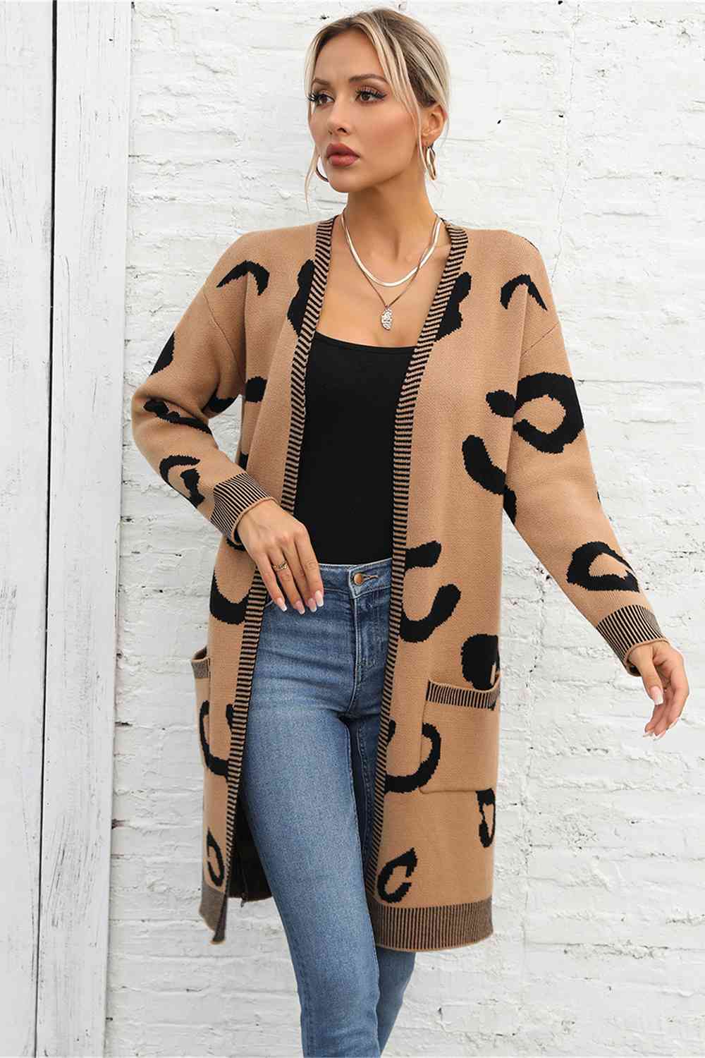 Printed Long Sleeve Cardigan with Pockets Trendsi