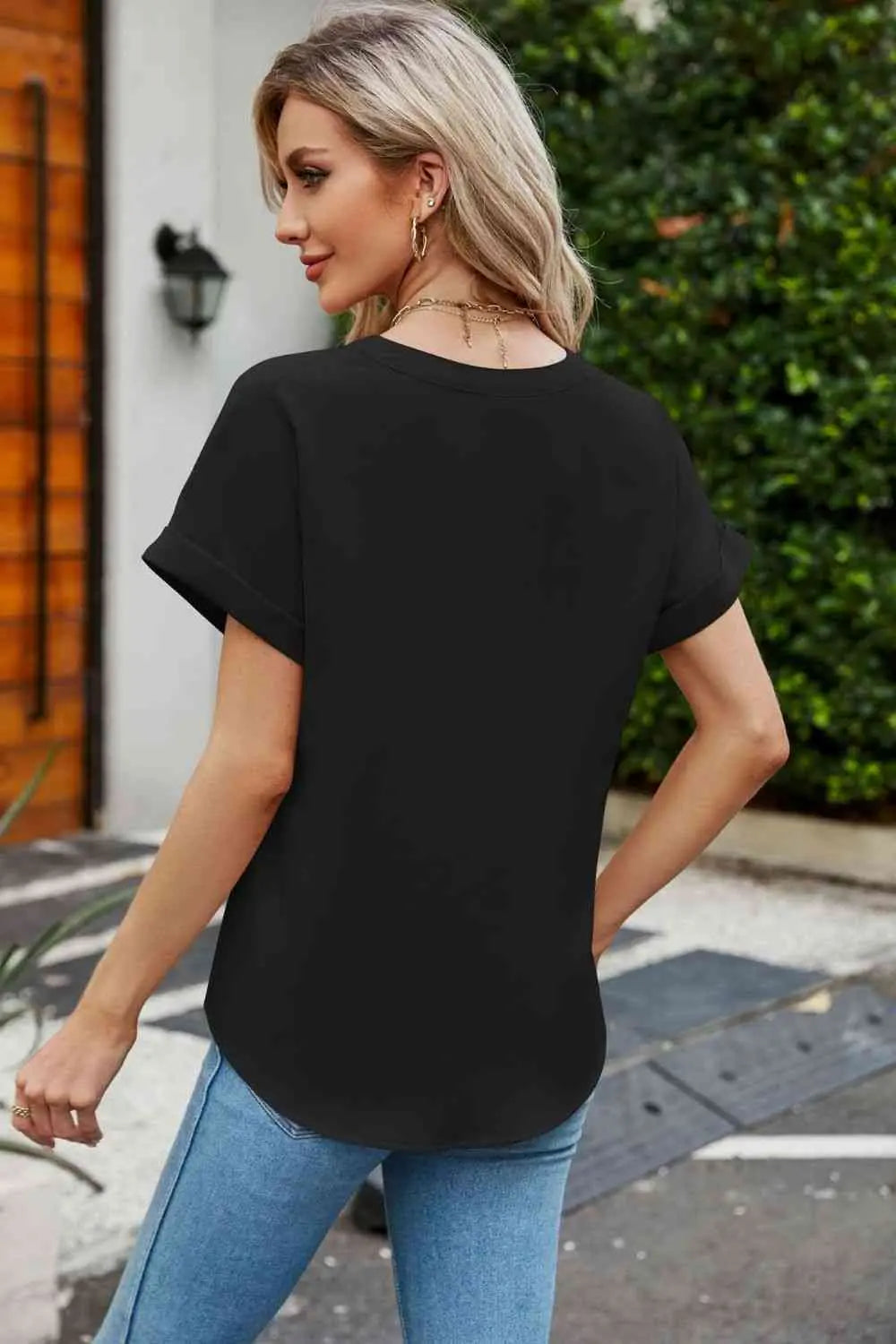 Notched Neck Cuffed Sleeve Shirt Bazaarbey