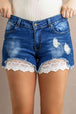 Spliced Lace Distressed Denim Shorts Bazaarbey