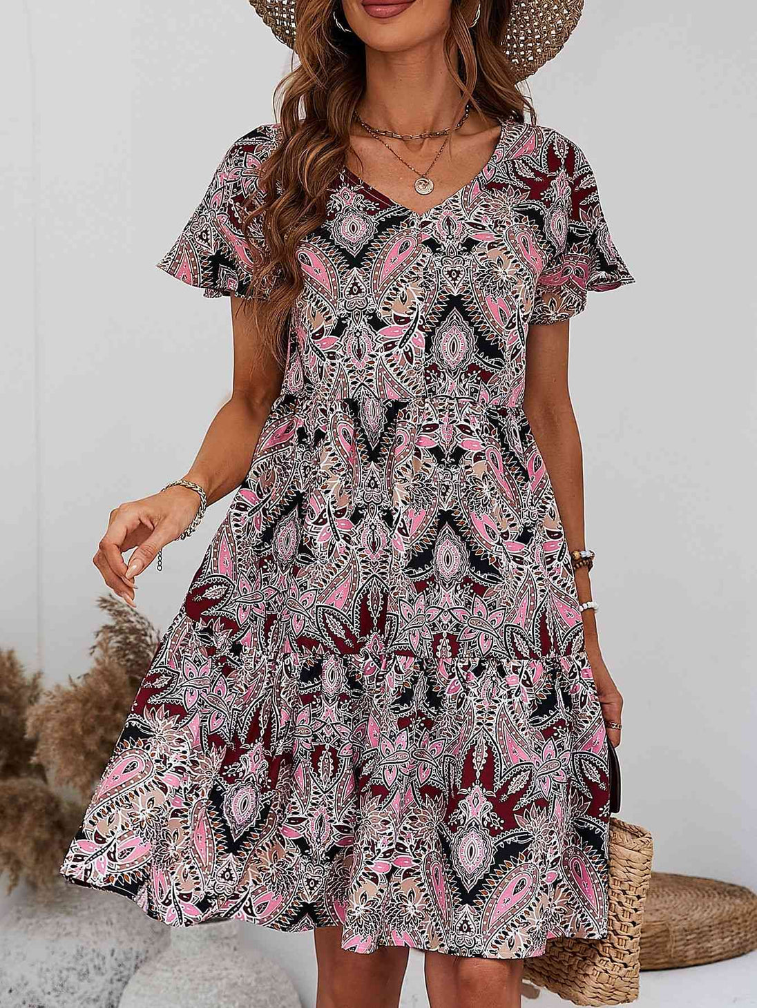 Printed V-Neck Tiered Dress -BazaarBey - www.shopbazaarbey.com