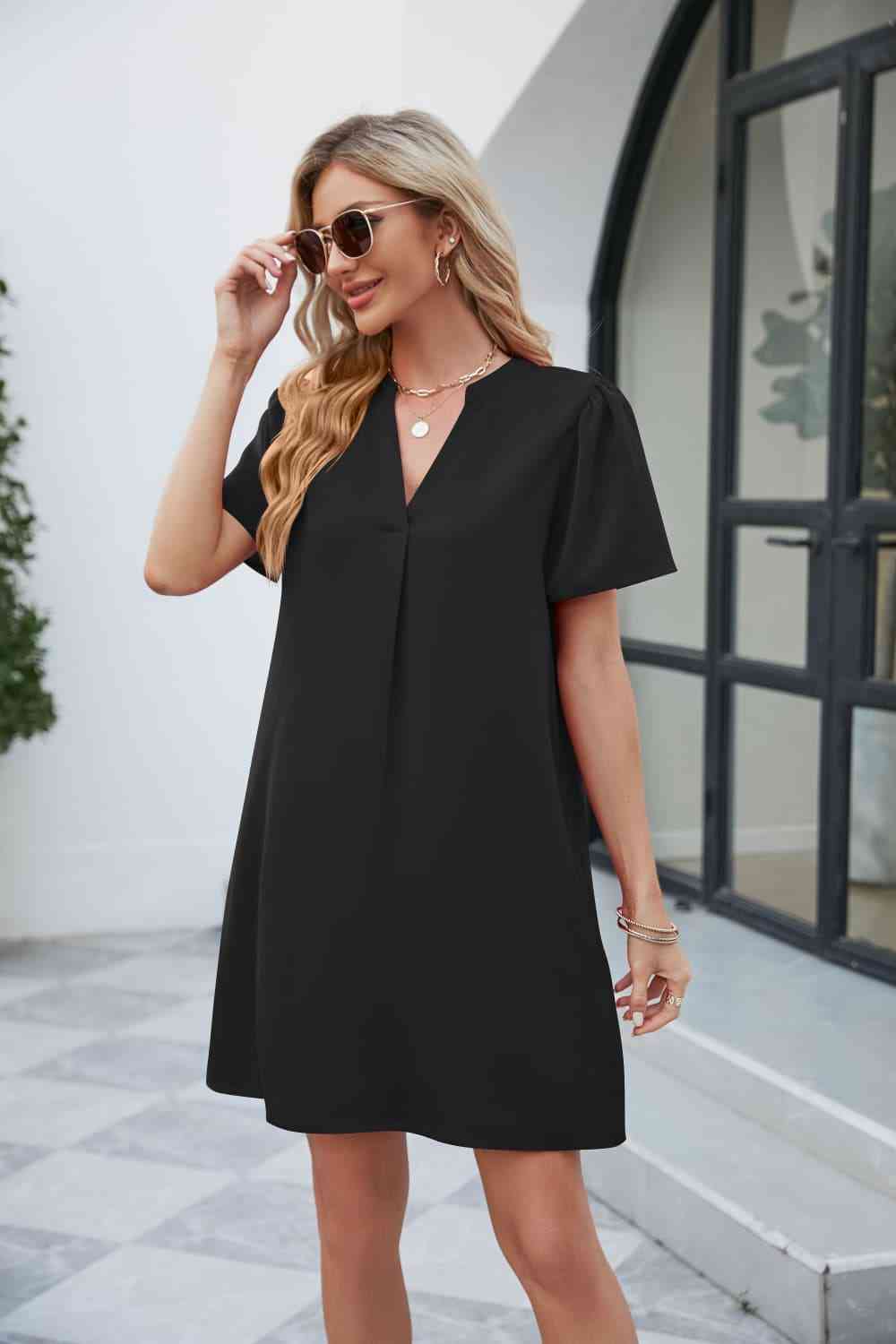 Notched Puff Sleeve Shift Dress -BazaarBey - www.shopbazaarbey.com