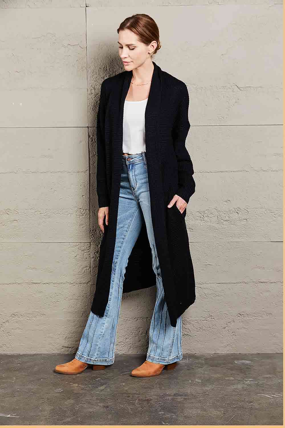  Waffle Knit  Duster Cardigan With Pockets Trendsi