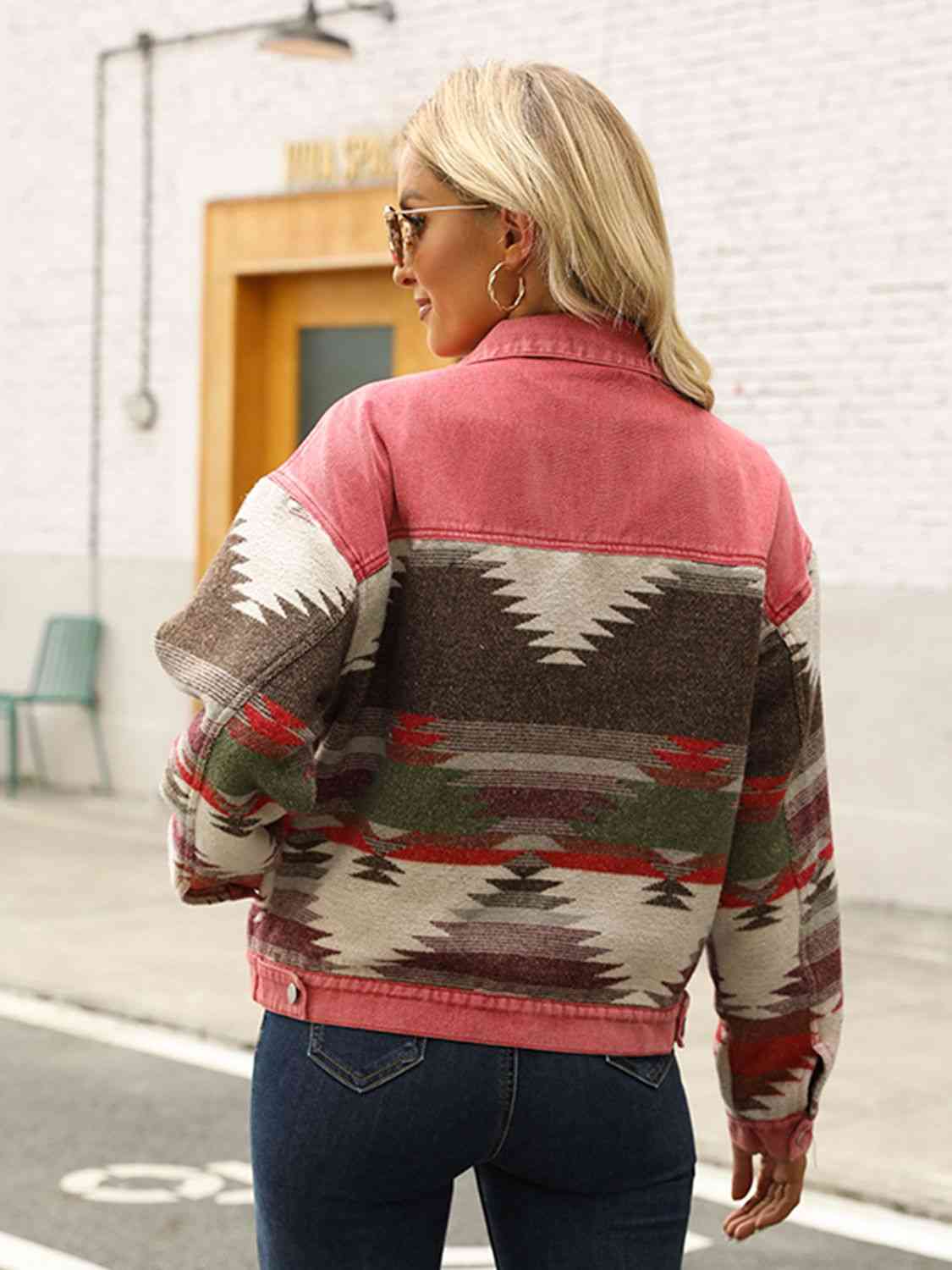 Printed Dropped Shoulder Long Sleeve Denim Jacket Bazaarbey