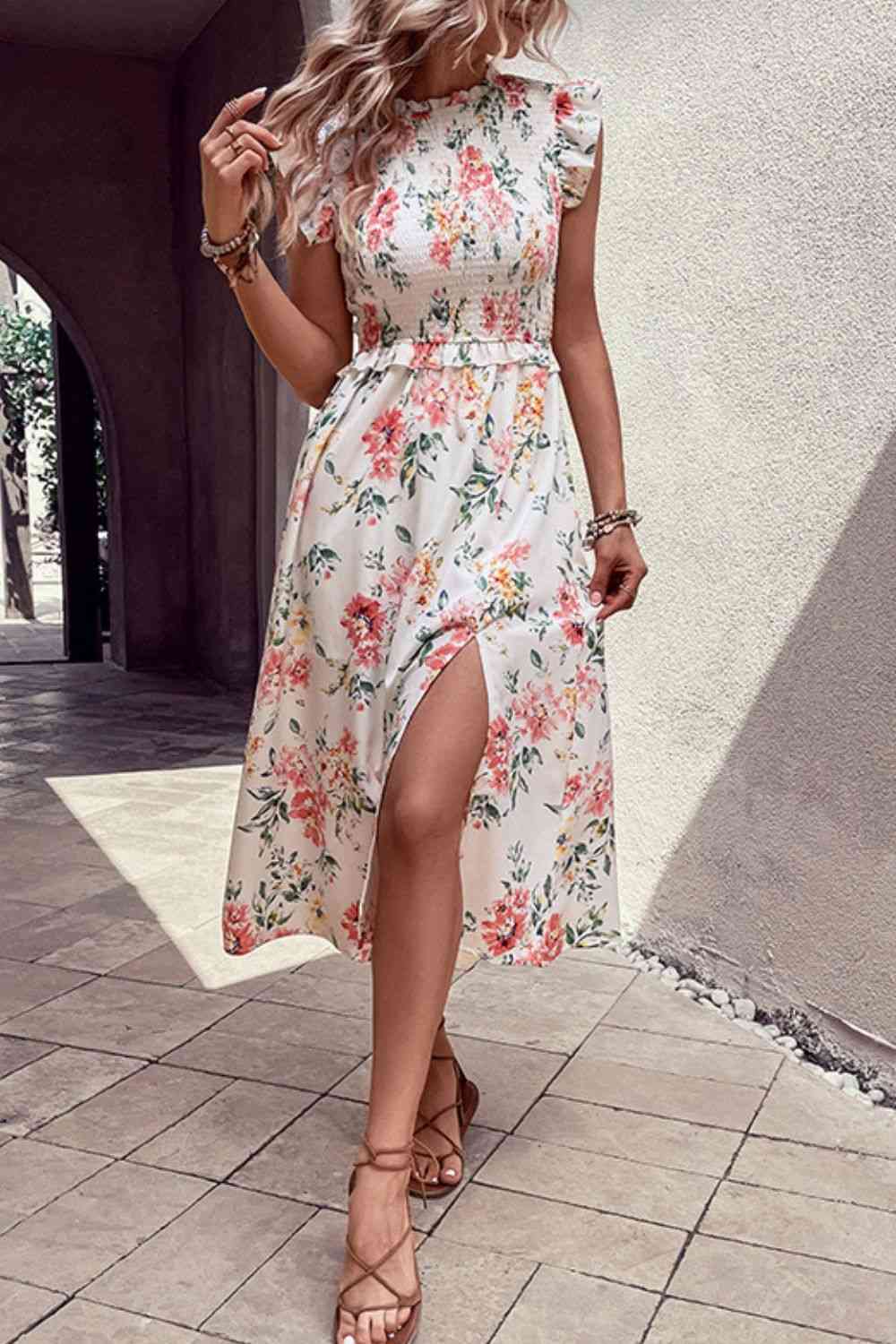 Floral Smocked Butterfly Sleeve Slit Dress -BazaarBey - www.shopbazaarbey.com