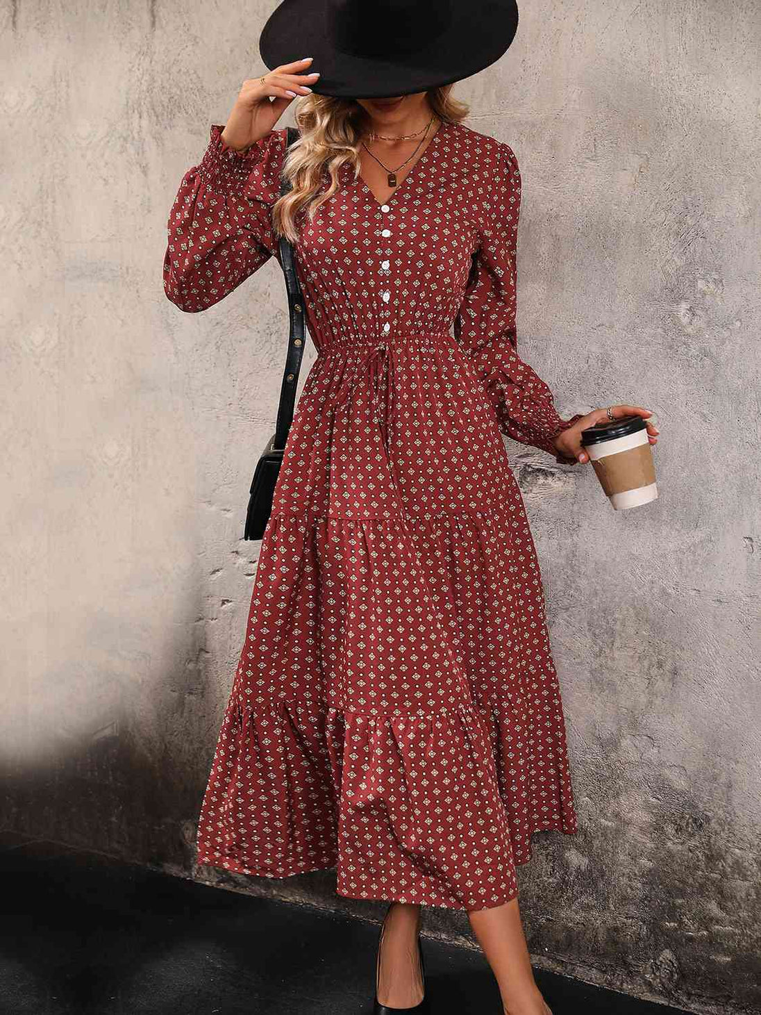 Printed Tiered V-Neck Buttoned Midi Dress -BazaarBey - www.shopbazaarbey.com