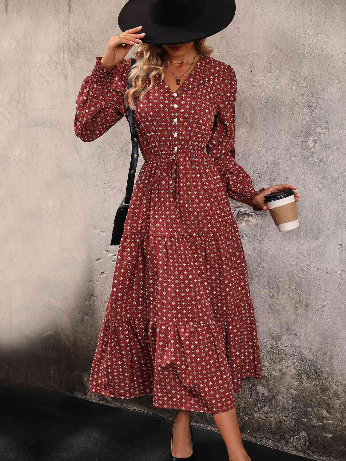 Printed Tiered V-Neck Buttoned Midi Dress -BazaarBey - www.shopbazaarbey.com