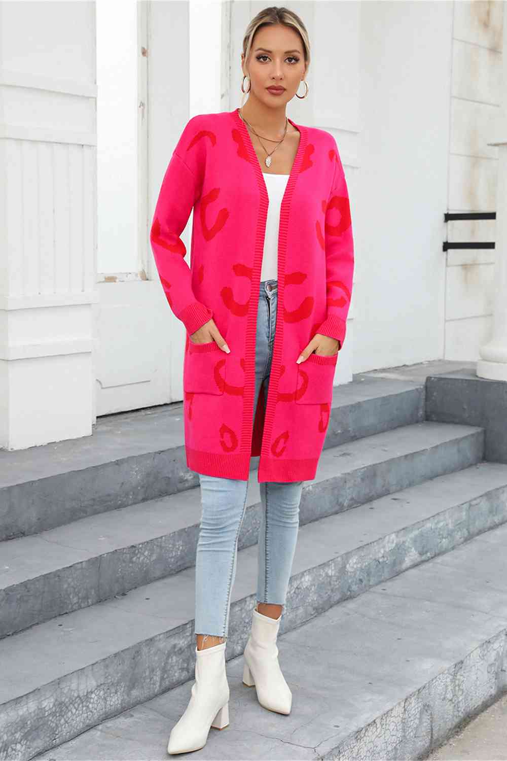 Printed Long Sleeve Cardigan with Pockets Trendsi