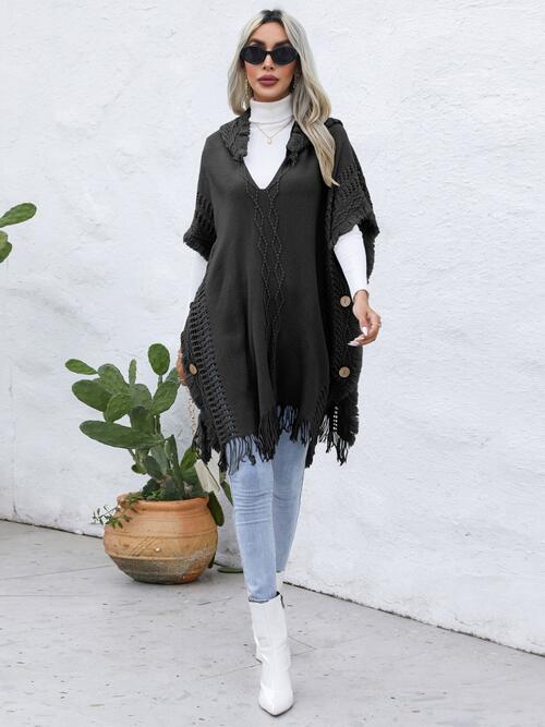 Fringe Trim Buttoned Hooded Poncho Bazaarbey