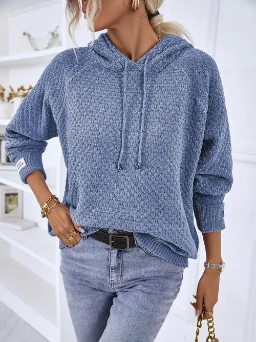 Texture Drawstring Long Sleeve Hooded Sweater Bazaarbey