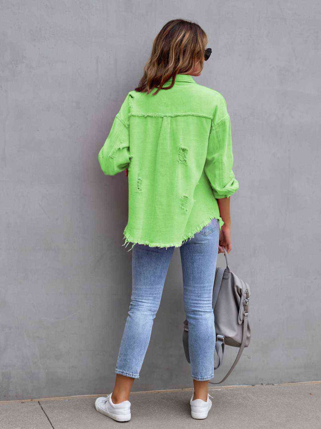Distressed Drop Shoulder Denim Jacket Bazaarbey