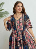 Plus Size Bohemian V-Neck Tie Belt Midi Dress -BazaarBey - www.shopbazaarbey.com