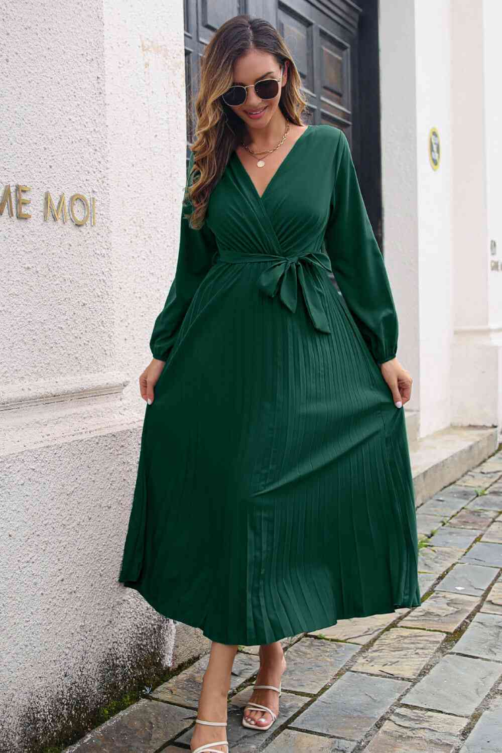 Pleated Long Sleeve  Maxi Dress -BazaarBey - www.shopbazaarbey.com