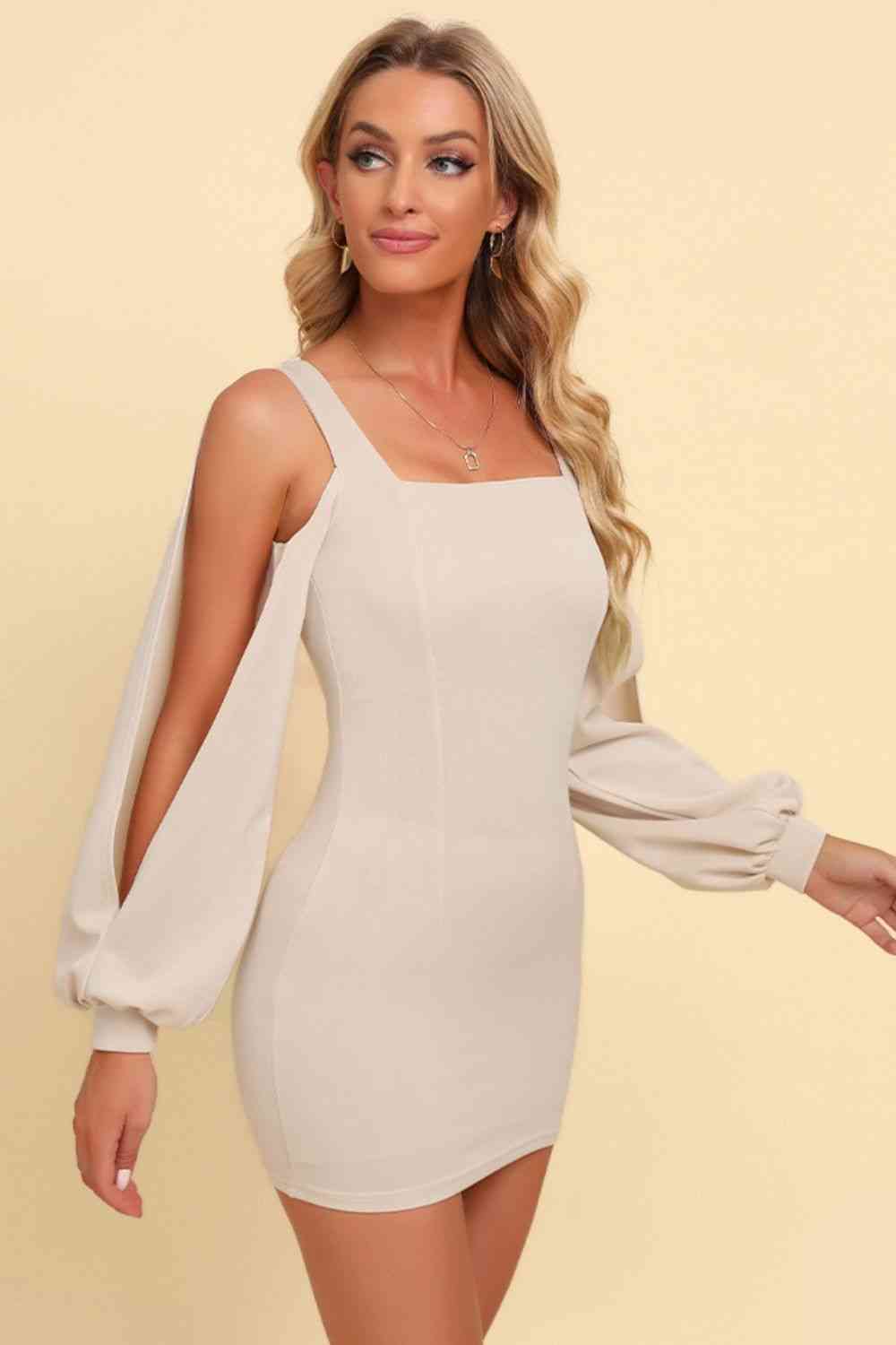 Square Neck Split Sleeve Mini Dress -BazaarBey - www.shopbazaarbey.com