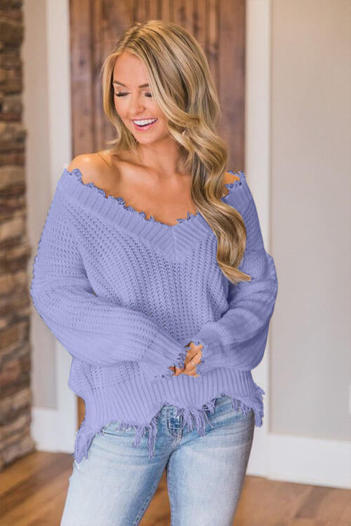 Frayed Hem Dropped Shoulder Sweater Bazaarbey