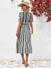Striped Tie Belt Round Neck Puff Sleeve Dress -BazaarBey - www.shopbazaarbey.com
