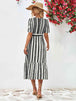 Striped Tie Belt Round Neck Puff Sleeve Dress -BazaarBey - www.shopbazaarbey.com