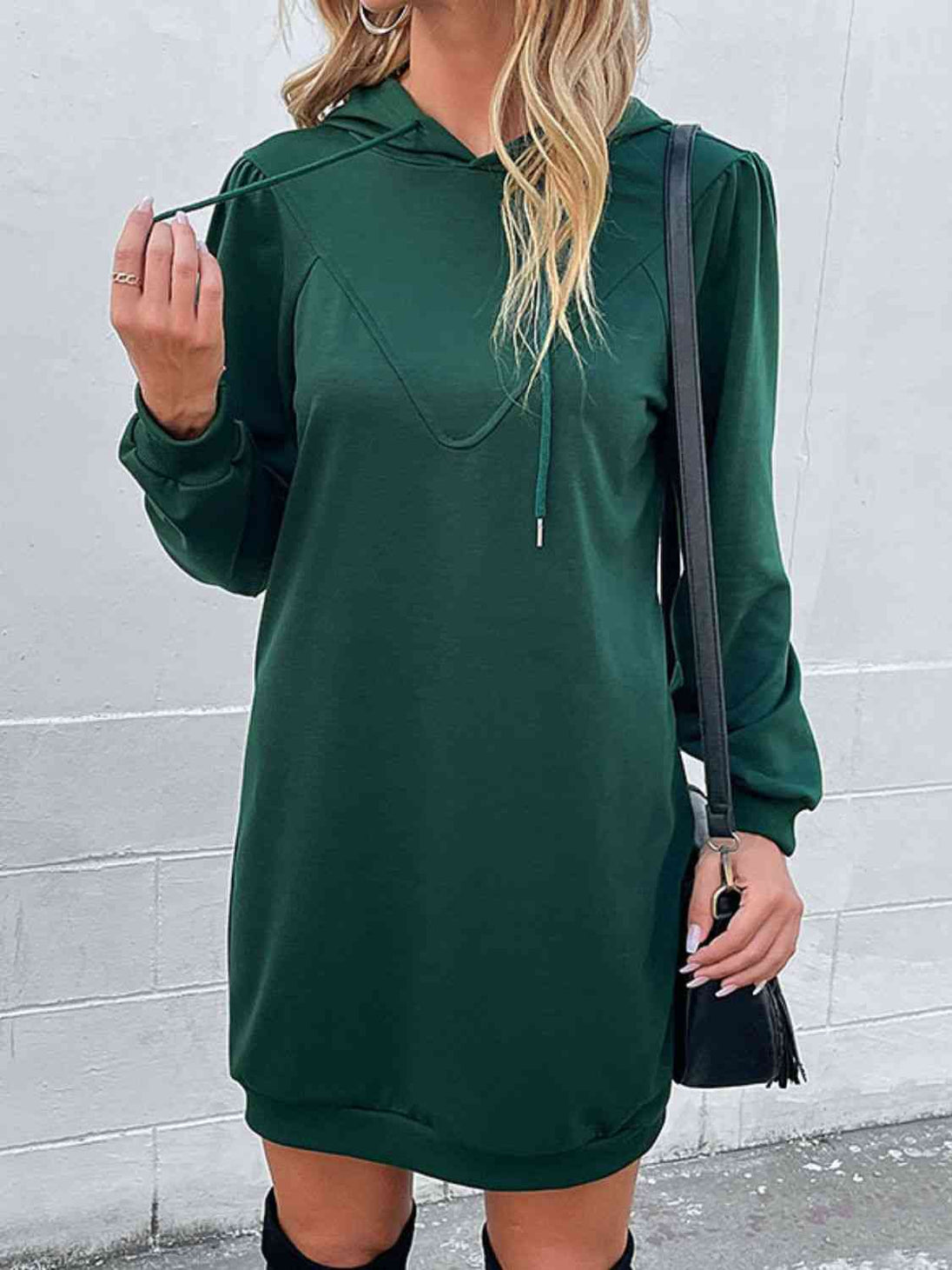 Drawstring Puff Sleeve Hooded Dress -BazaarBey - www.shopbazaarbey.com