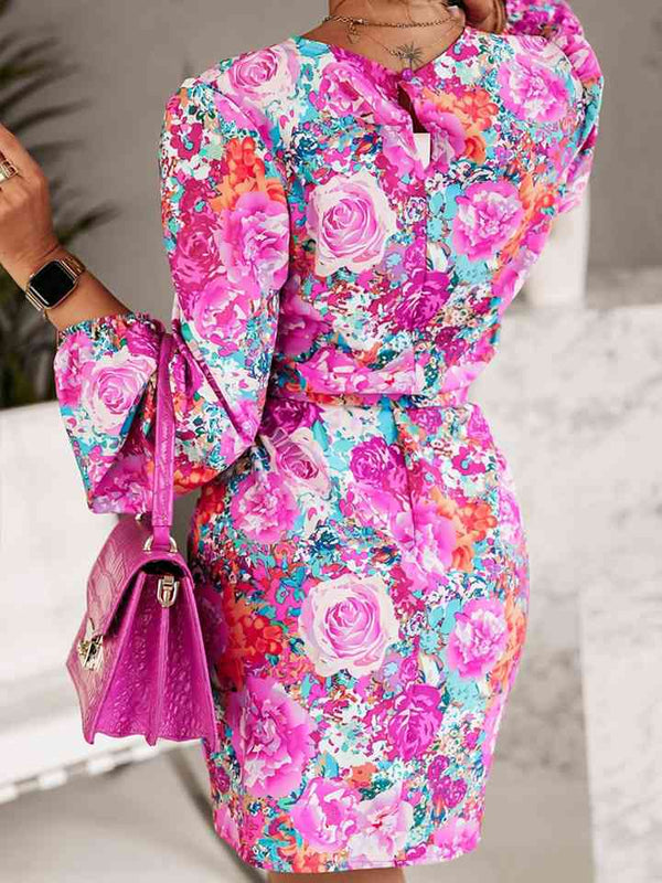 Floral Print Round Neck Long Sleeve Dress -BazaarBey - www.shopbazaarbey.com