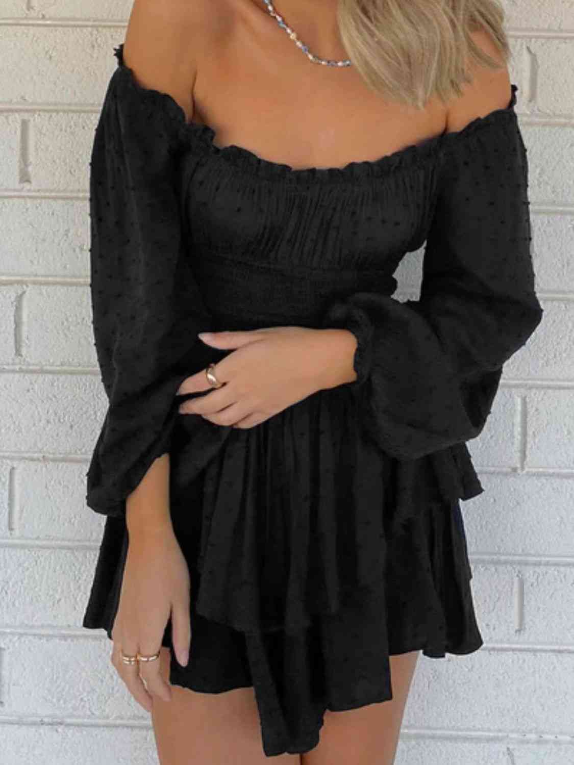 Off Shoulder Smocked Waist Romper -BazaarBey - www.shopbazaarbey.com