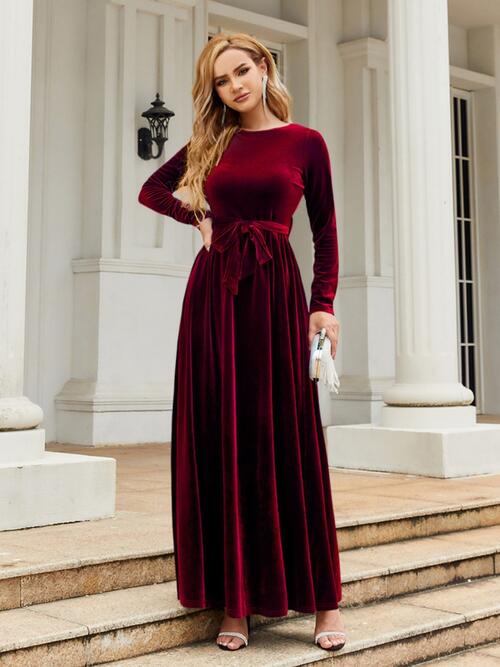 Tie Front Round Neck Long Sleeve Maxi Dress Bazaarbey