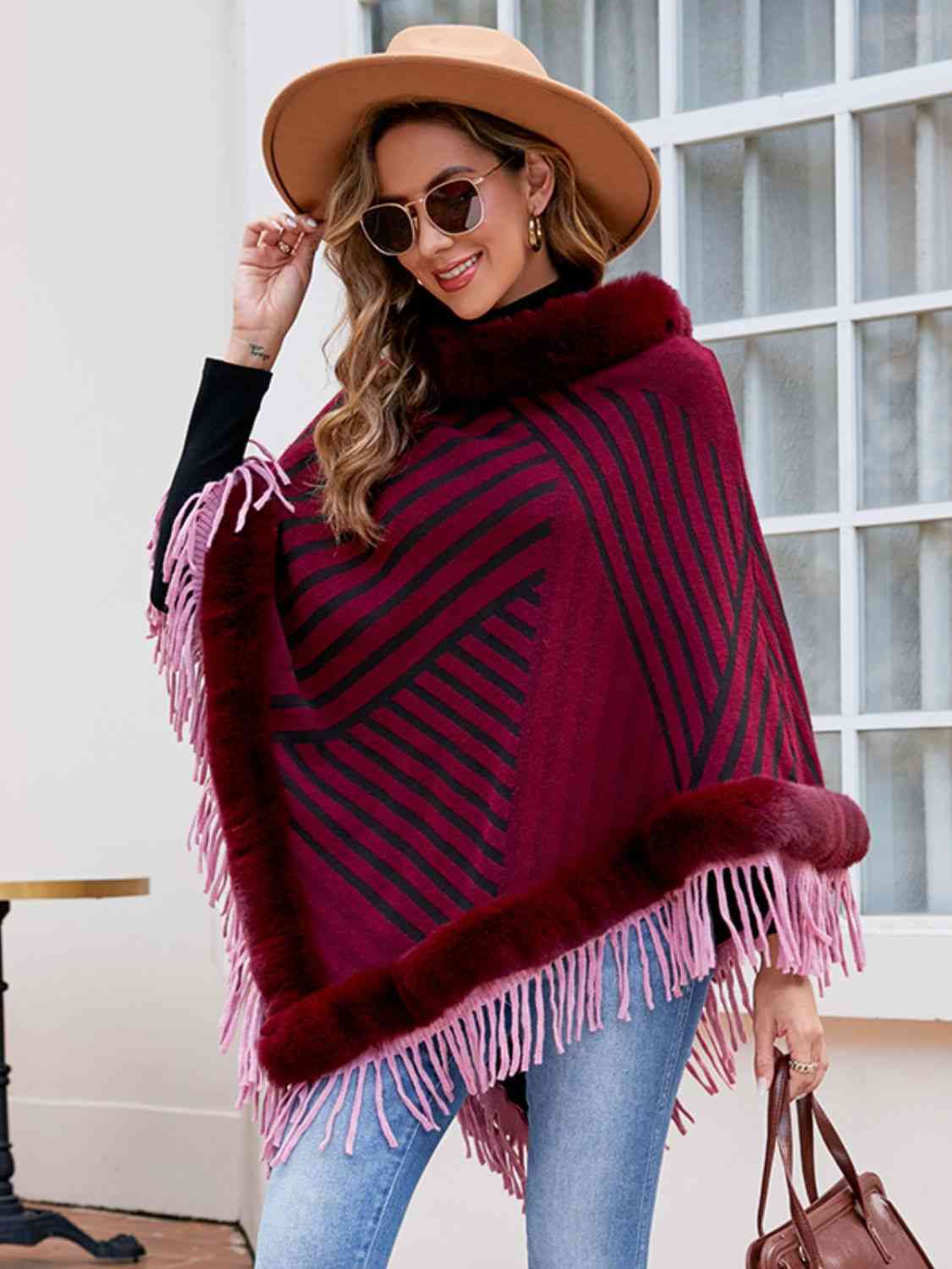 Striped Fringe Hem Poncho Bazaarbey