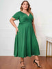 Plus Size Short Sleeve  Neck Midi Dress -BazaarBey - www.shopbazaarbey.com
