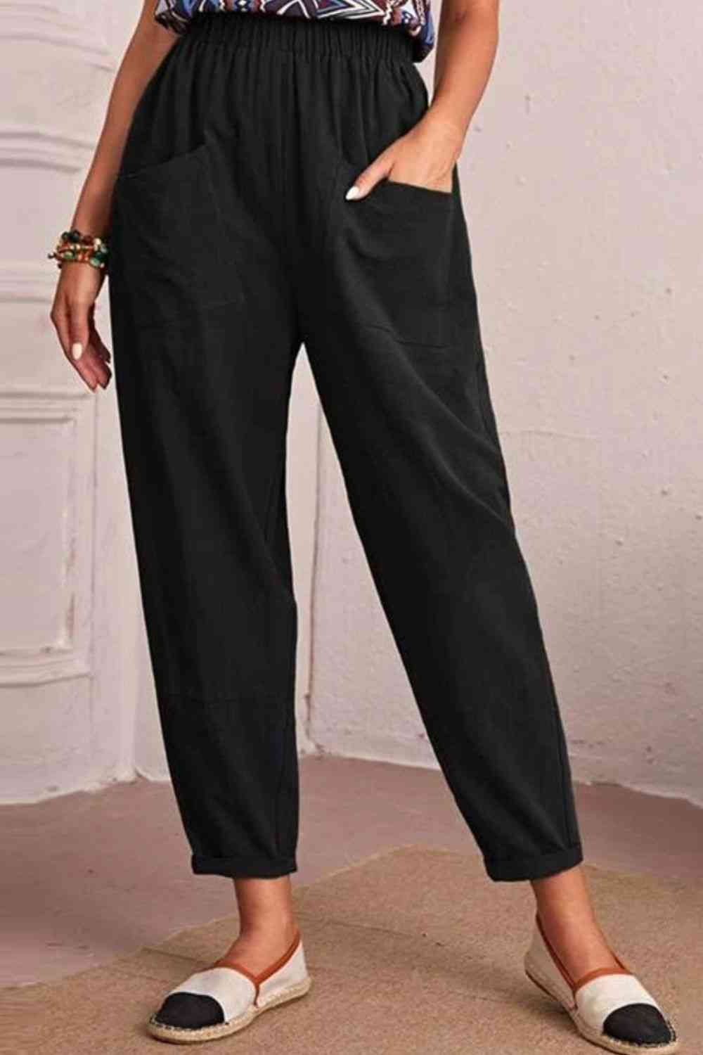 Elastic Waist Pocket Tapered Pants Bazaarbey