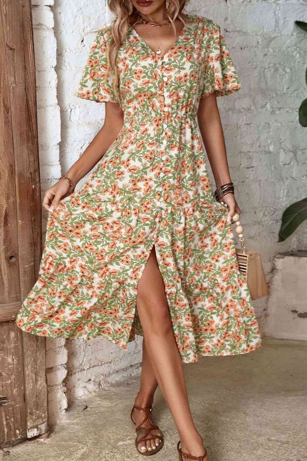 Floral V-Neck Front Slit Dress -BazaarBey - www.shopbazaarbey.com