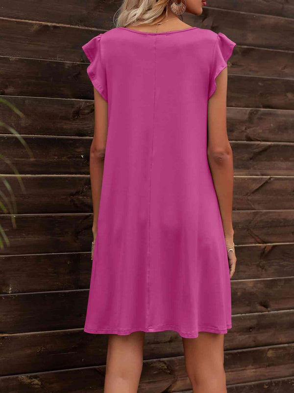 Round Neck Flutter Sleeve Dress with Pockets -BazaarBey - www.shopbazaarbey.com